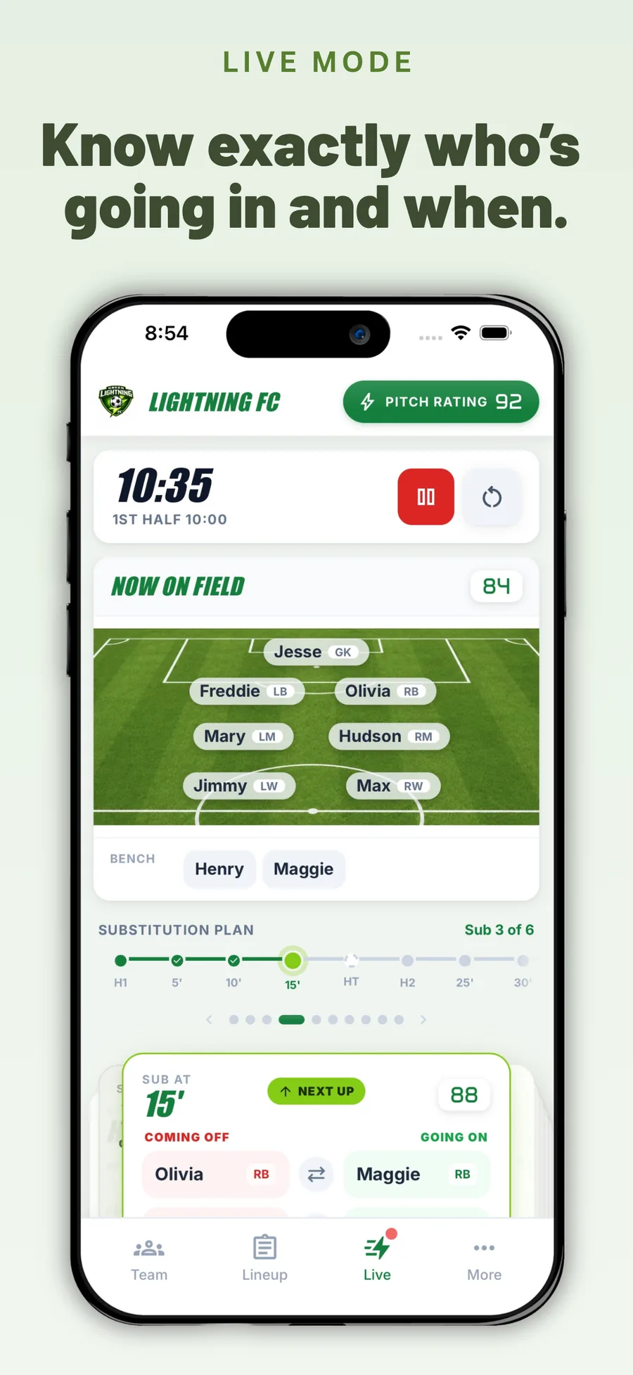 Live Mode — on-field view and sub timeline
