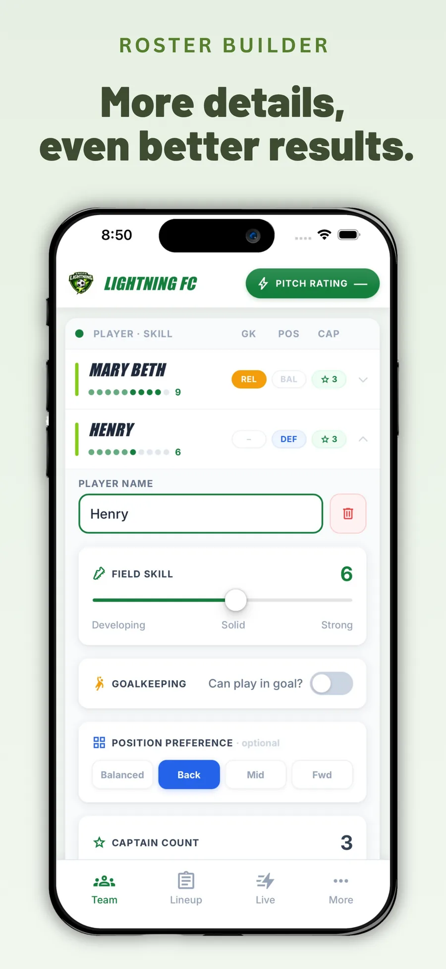 Roster Builder — rate skills, mark goalies, set positions