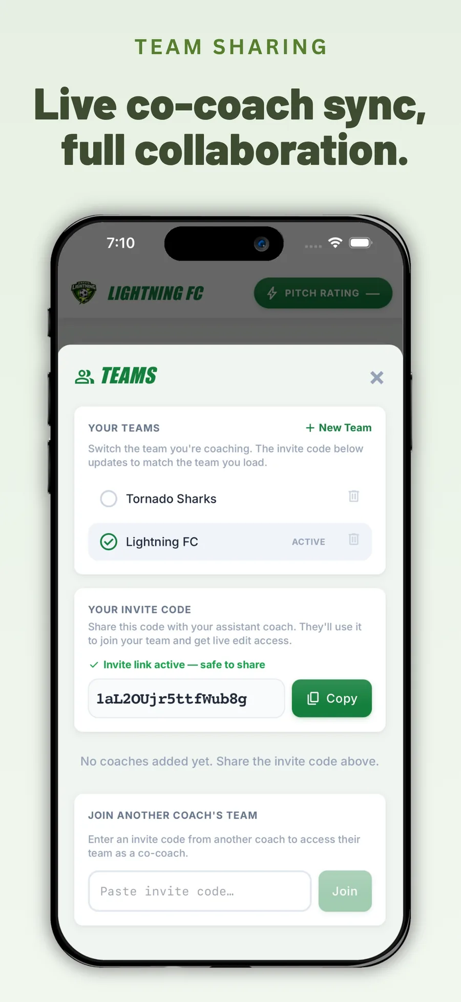 Team Sharing — co-coach invite code